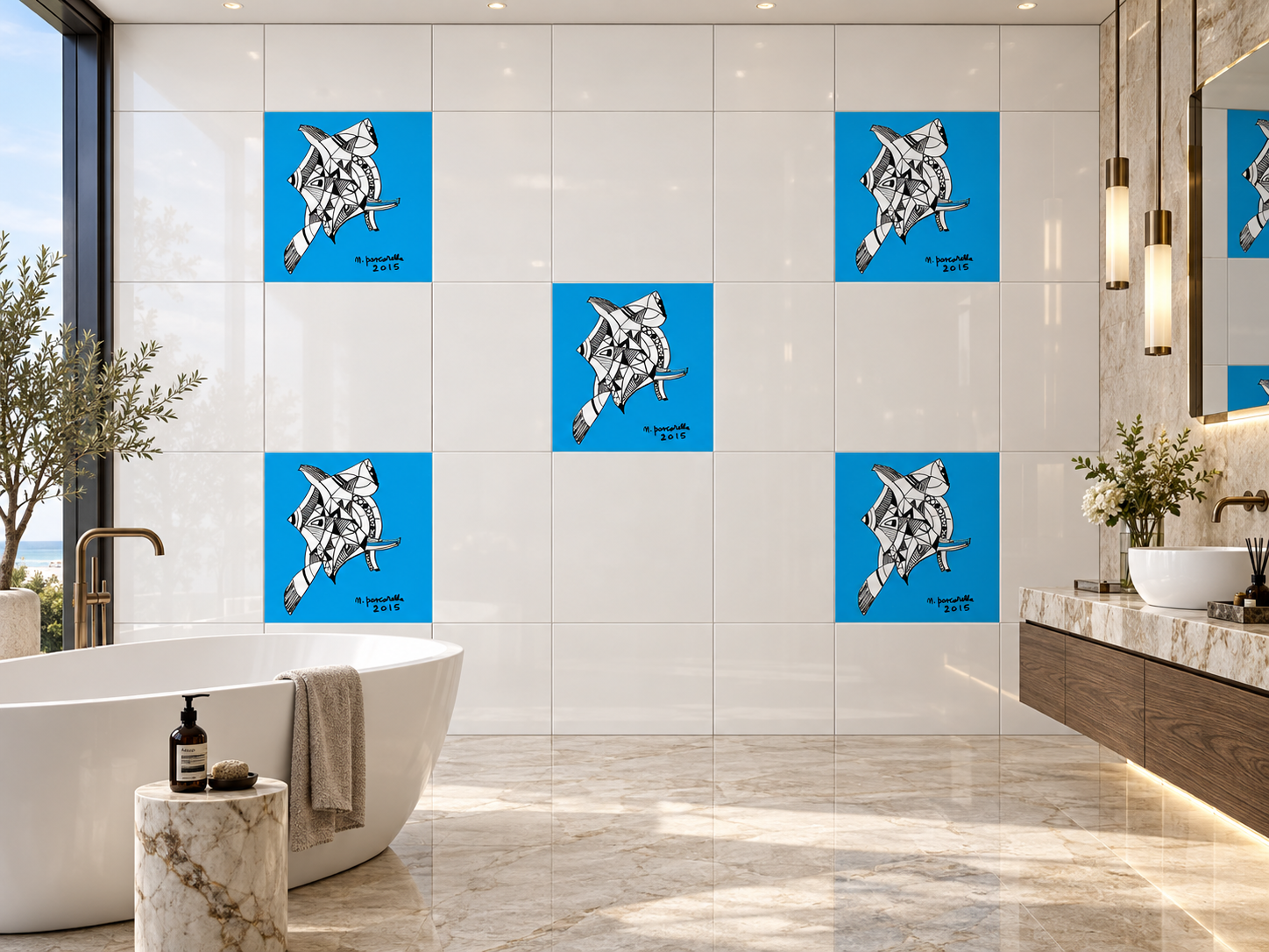 Salle de bains avec des carreaux NP Cerebrals bleus alternant avec des carreaux blancs