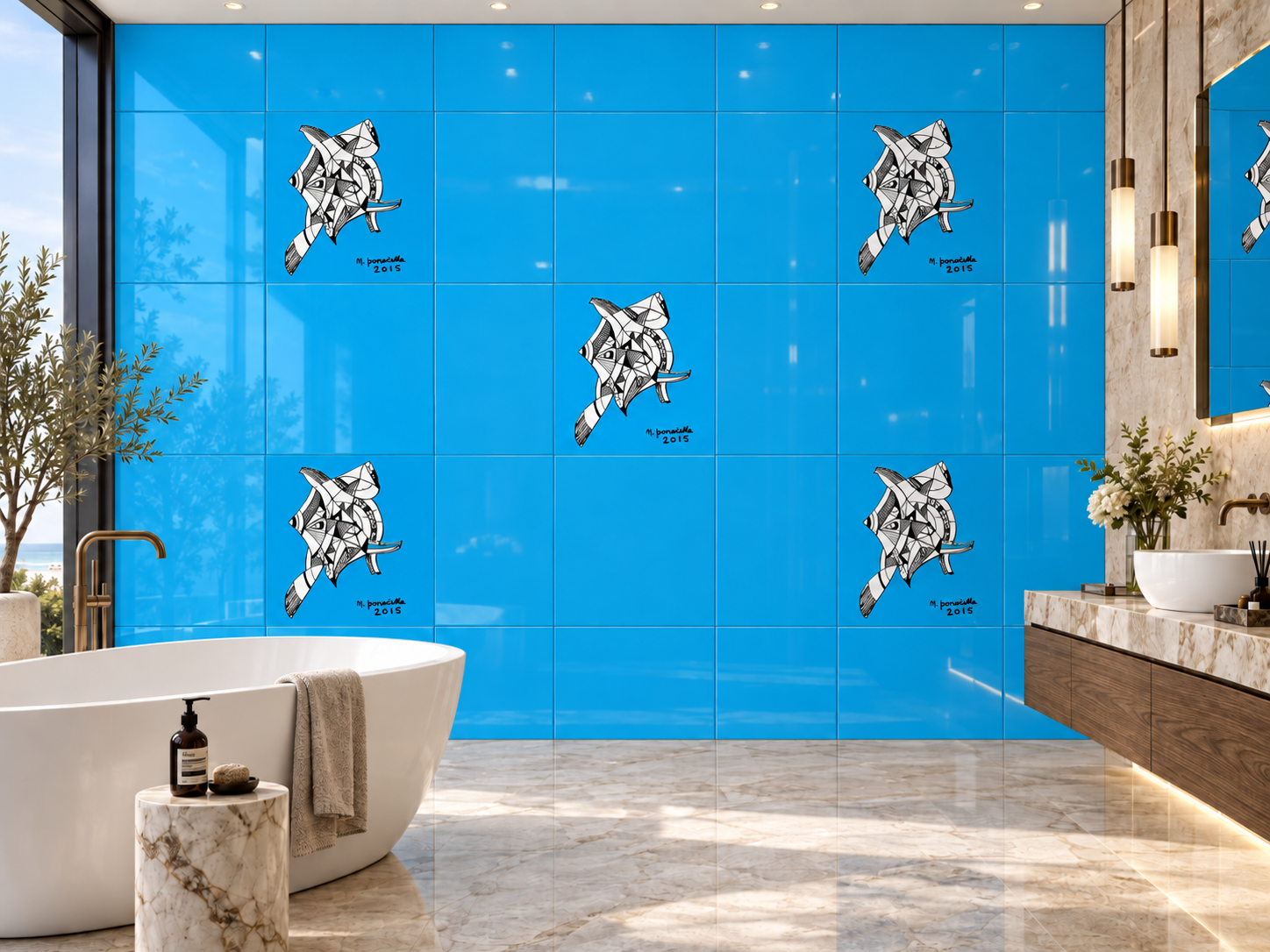 Salle de bains avec des carreaux NP Cerebrals sur un mur de carreaux bleus