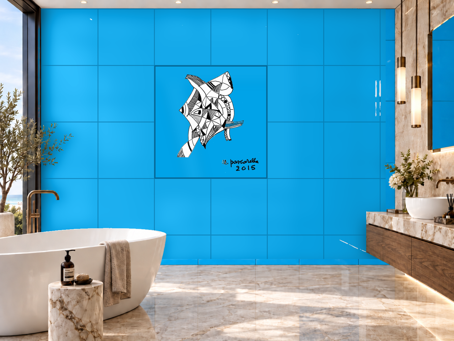 Salle de bains avec un grand motif NP Cerebrals au centre d’un mur bleu