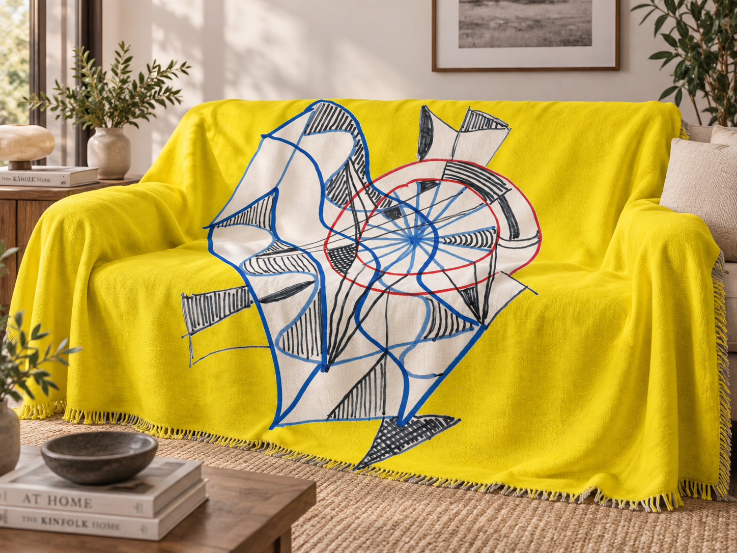 Jeté de canapé jaune avec un dessin NP Cerebrals dans un salon